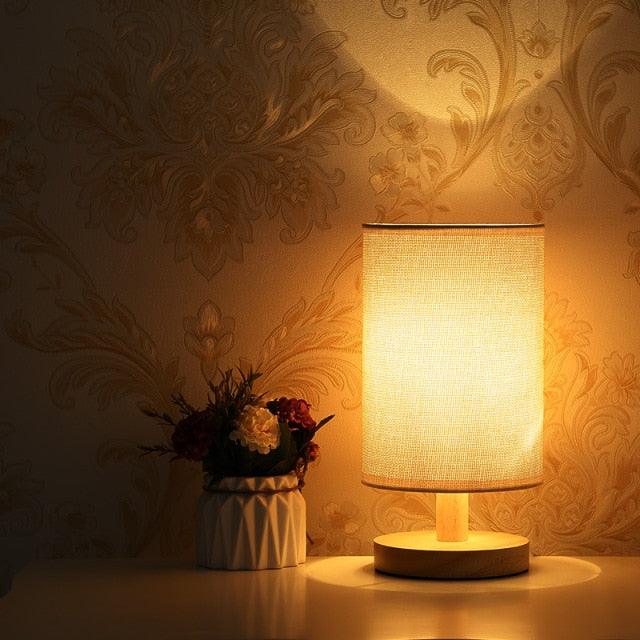 Table lamp Stevvex ST125100AYM with fabric shade and wood base for bedroom decor on Tampa Home & Garden Store