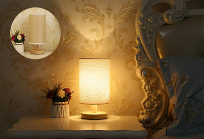 Stevvex simple modern table lamp with beige shade and solid wood base on bedside table on Tampa Home & Garden Store