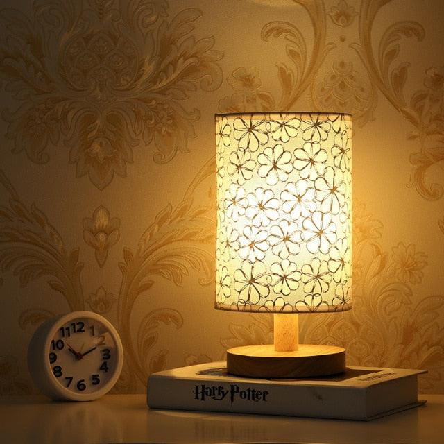 Stevvex table lamp with solid wood base and floral fabric shade, warm bedside glow on Tampa Home & Garden Store