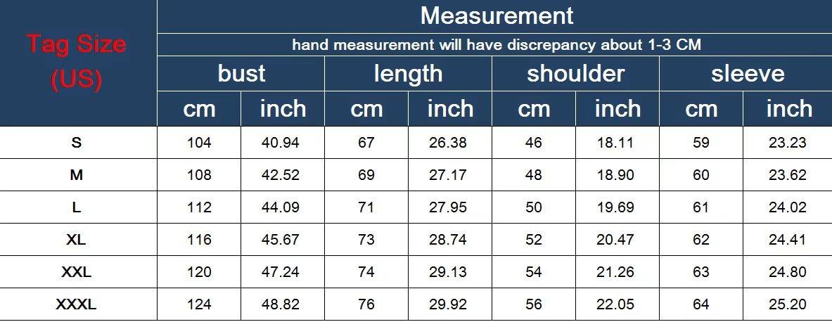 Stevvex men's jacket size chart with bust, length, shoulder and sleeve cm/in for S-XXXL on Tampa Home & Garden Store