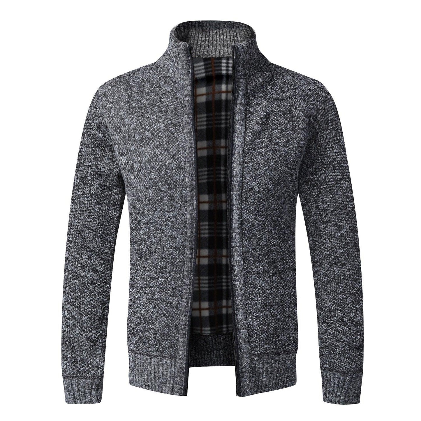 Stevvex men's grey marled knit jacket with plaid lining, thick warm slim-fit with pockets on Tampa Home & Garden Store