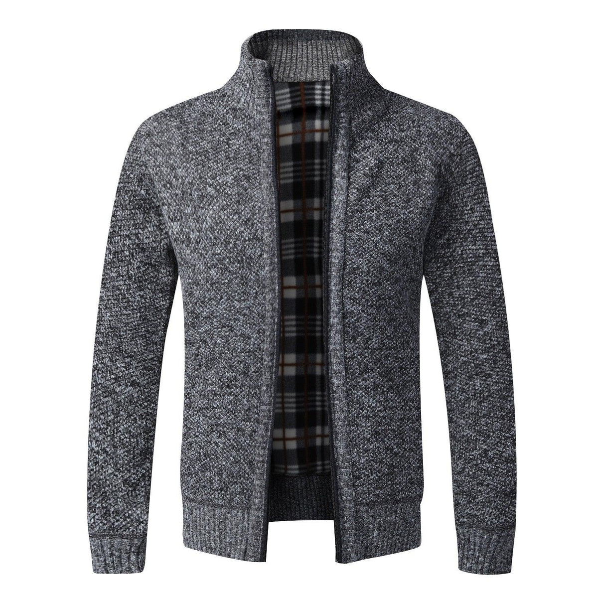 Stevvex men's grey marled knit jacket with plaid lining, thick warm slim-fit with pockets on Tampa Home & Garden Store