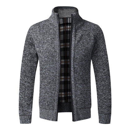 Stevvex men's grey marled knit jacket with plaid lining, thick warm slim-fit with pockets on Tampa Home & Garden Store