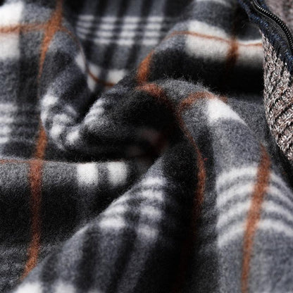 Stevvex plaid wool jacket fabric in black gray white with orange accents, thick warm on Tampa Home & Garden Store