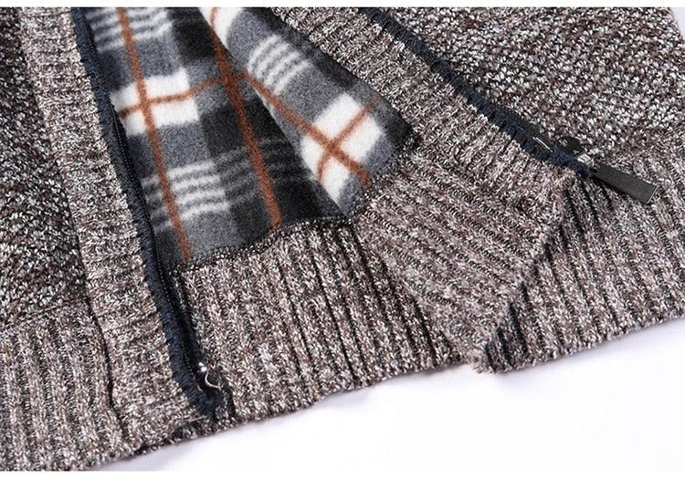 Stevvex men's thick knit sport jacket zip front brown marled knit with plaid lining and pockets on Tampa Home & Garden Store