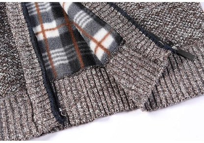 Stevvex men's thick knit sport jacket zip front brown marled knit with plaid lining and pockets on Tampa Home & Garden Store