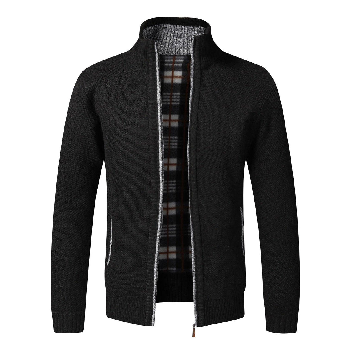 Stevvex men's black knit sport jacket with plaid lining, zip front and pockets on Tampa Home & Garden Store