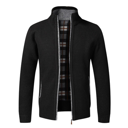 Stevvex men's black knit sport jacket with plaid lining, zip front and pockets on Tampa Home & Garden Store