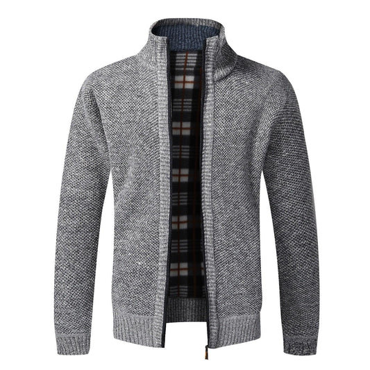 Men's gray textured knit cardigan jacket with zip front, plaid lining, slim fit on Tampa Home & Garden Store