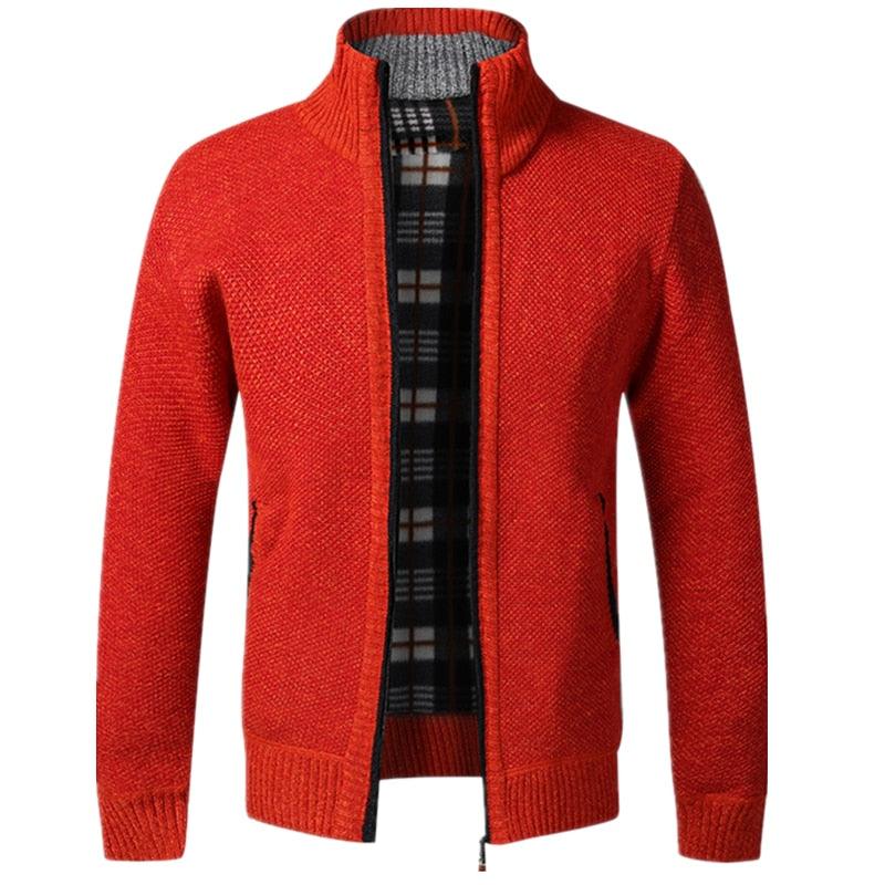 Stevvex men's red knit sport jacket with zipper, thick warm cotton blend and plaid lining on Tampa Home & Garden Store