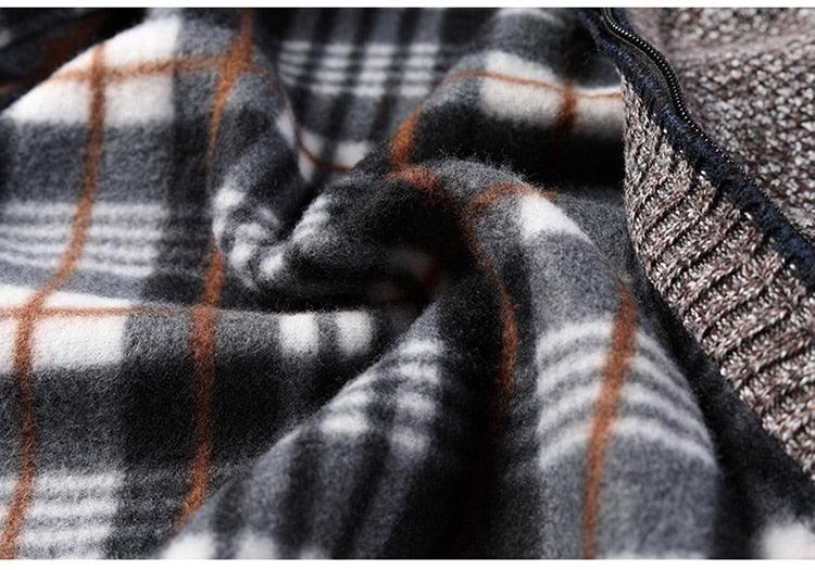 Men's plaid fleece jacket close-up gray black white with orange lines Stevvex on Tampa Home & Garden Store