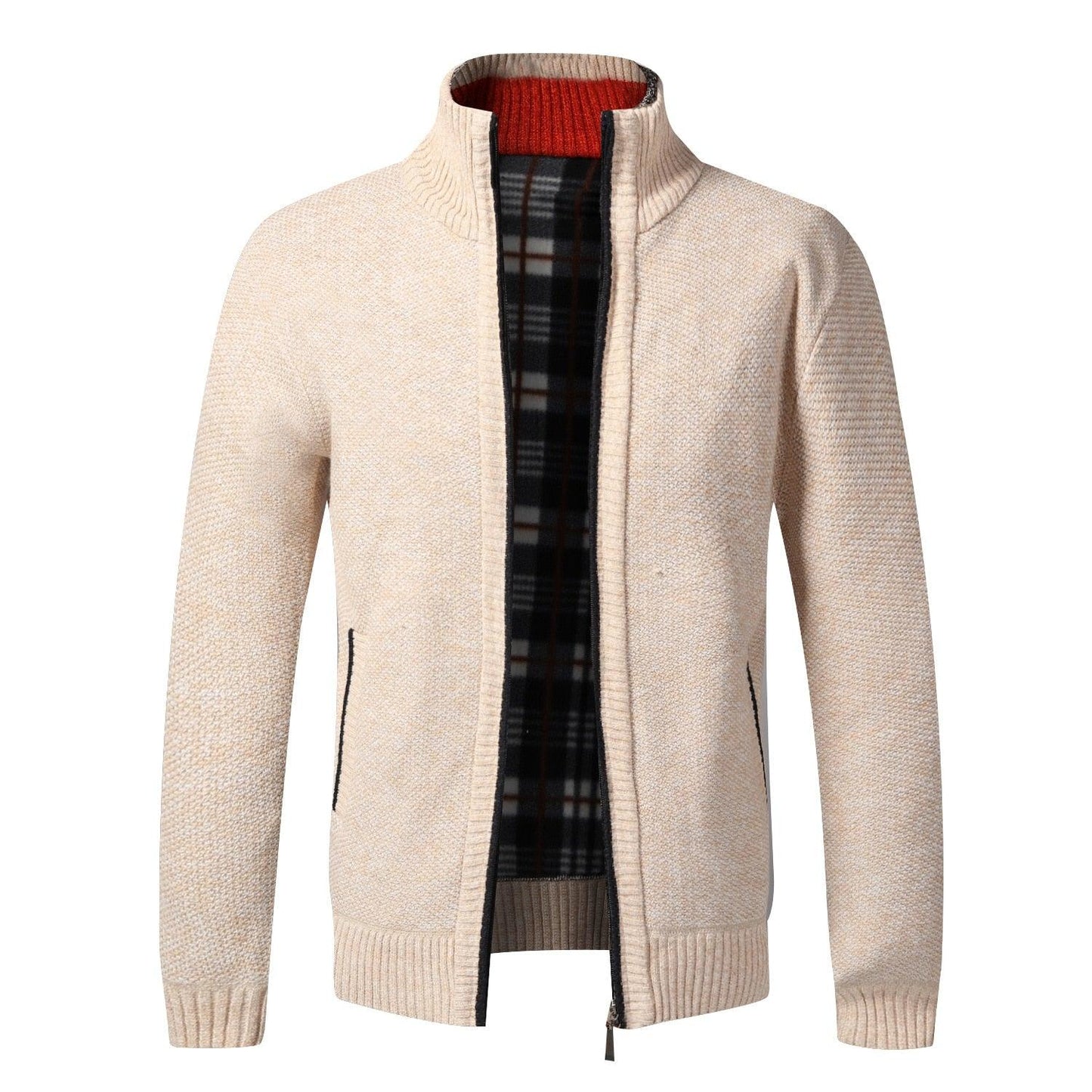 Men's beige knit zip jacket Stevvex with plaid lining and pockets on Tampa Home & Garden Store