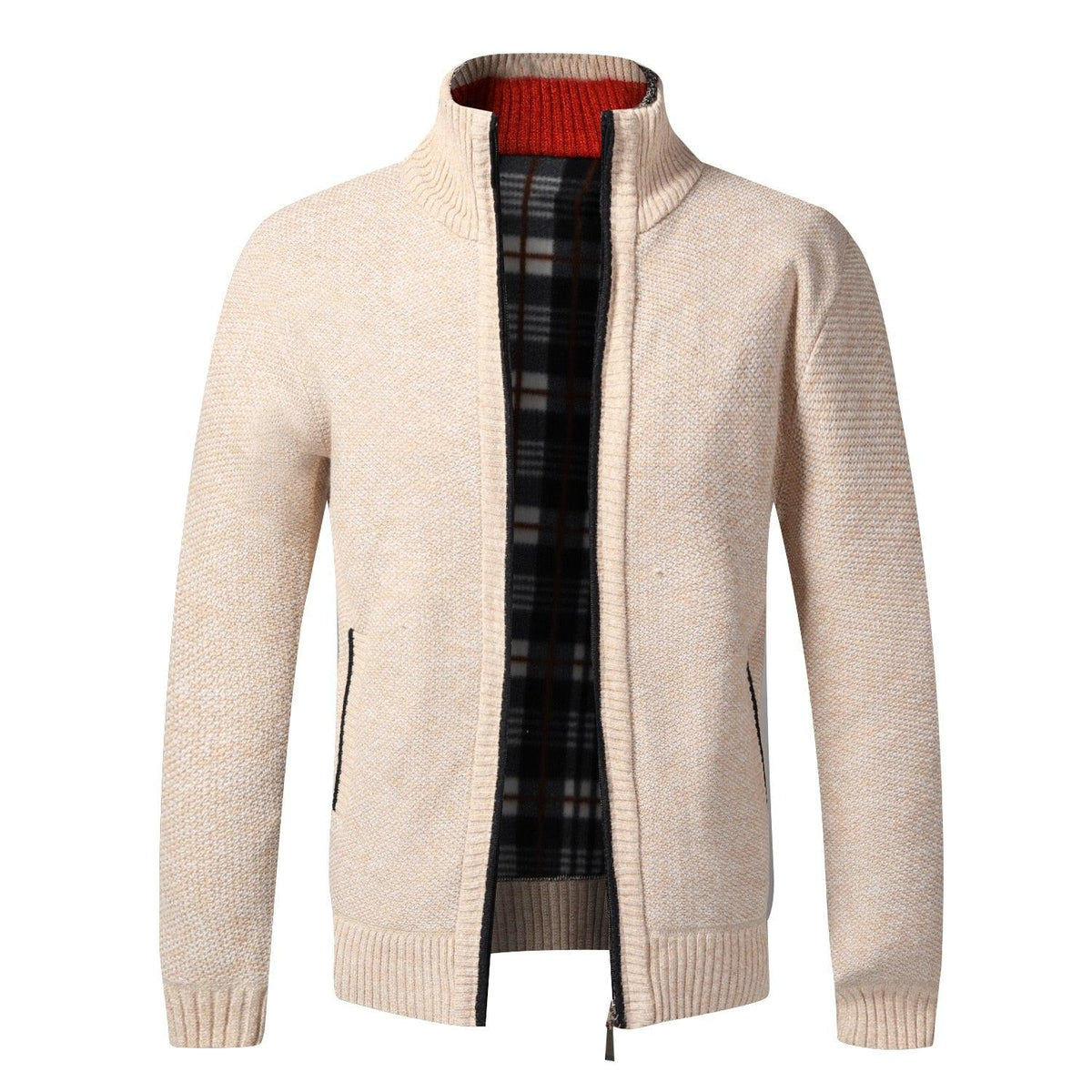 Men's beige knit zip jacket Stevvex with plaid lining and pockets on Tampa Home & Garden Store