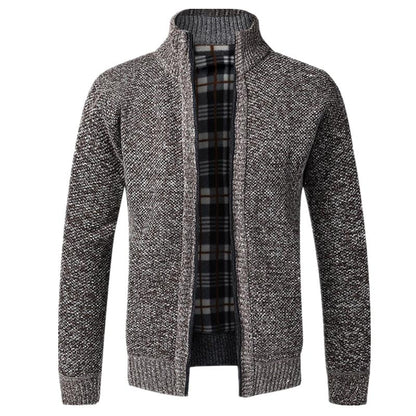 Stevvex men's knitted cardigan jacket in heather gray textured knit with plaid lining sport jacket on Tampa Home & Garden Store