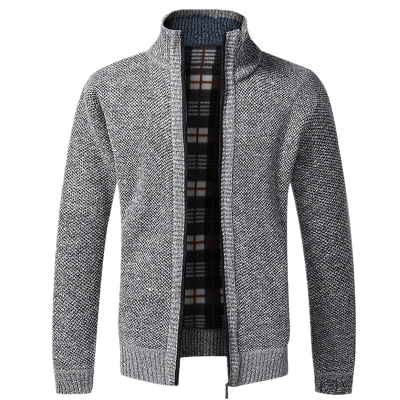Men's gray knit cardigan jacket by Stevvex, plaid lining, zip front and pockets on Tampa Home & Garden Store