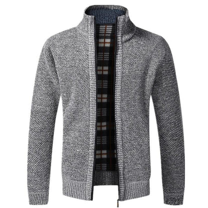 Men's gray knit cardigan jacket by Stevvex, plaid lining, zip front and pockets on Tampa Home & Garden Store