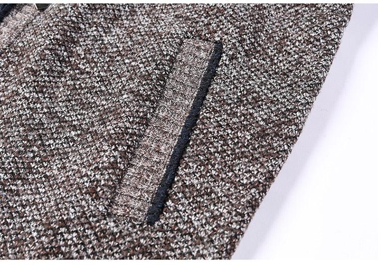 Men's slim-fit brown speckled knit jacket with dark trim pocket opening on Tampa Home & Garden Store