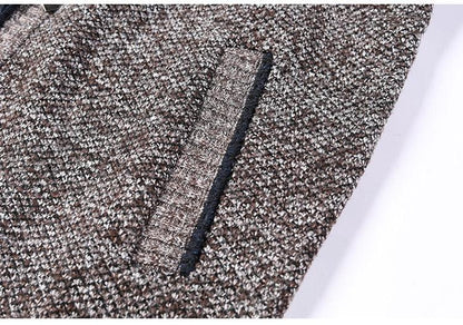 Men's slim-fit brown speckled knit jacket with dark trim pocket opening on Tampa Home & Garden Store