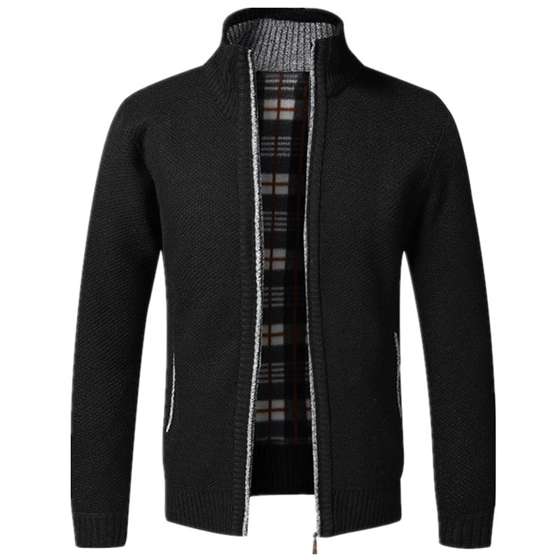Men's black knit zip jacket with pockets, plaid lining, warm fit Stevvex sport jacket on Tampa Home & Garden Store