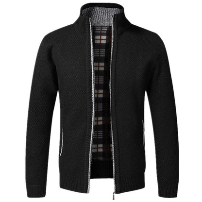 Men's black knit zip jacket with pockets, plaid lining, warm fit Stevvex sport jacket on Tampa Home & Garden Store