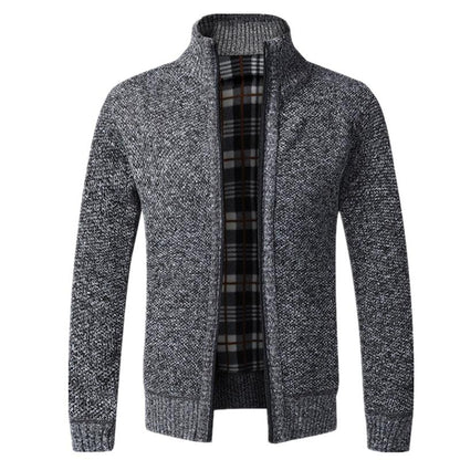 Stevvex men's knit zip-up sport jacket in grey with plaid lining and pockets on Tampa Home & Garden Store