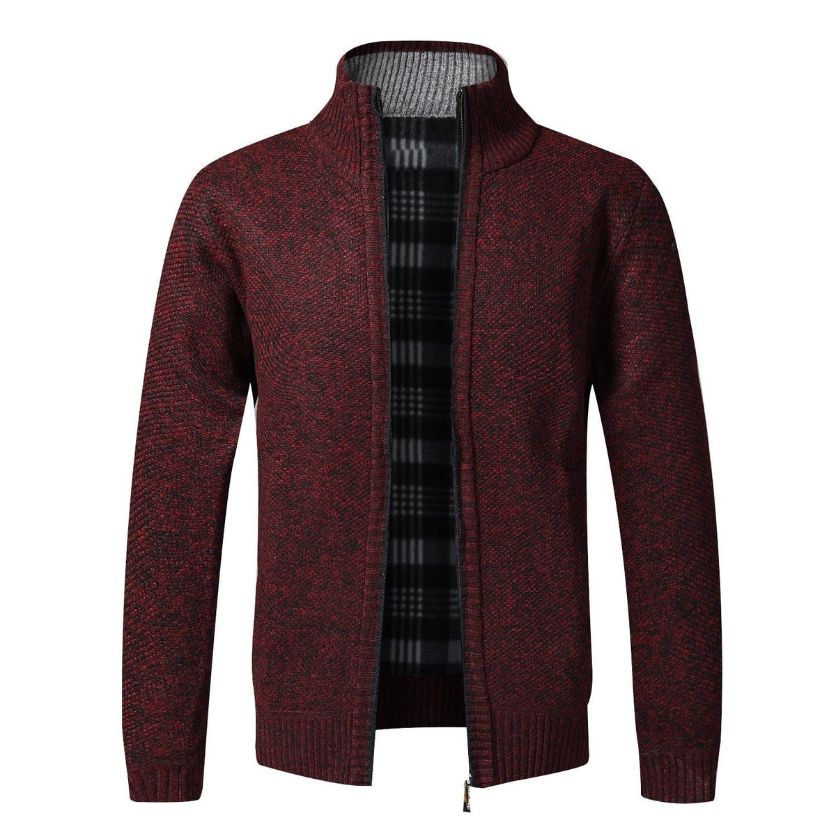 Stevvex men's red marled knit jacket with ribbed collar and zip front, black plaid lining on Tampa Home & Garden Store