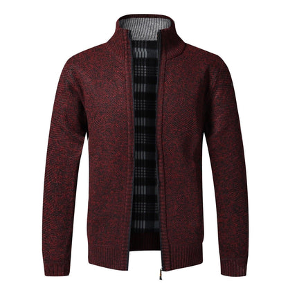 Stevvex men's red marled knit jacket with ribbed collar and zip front, black plaid lining on Tampa Home & Garden Store