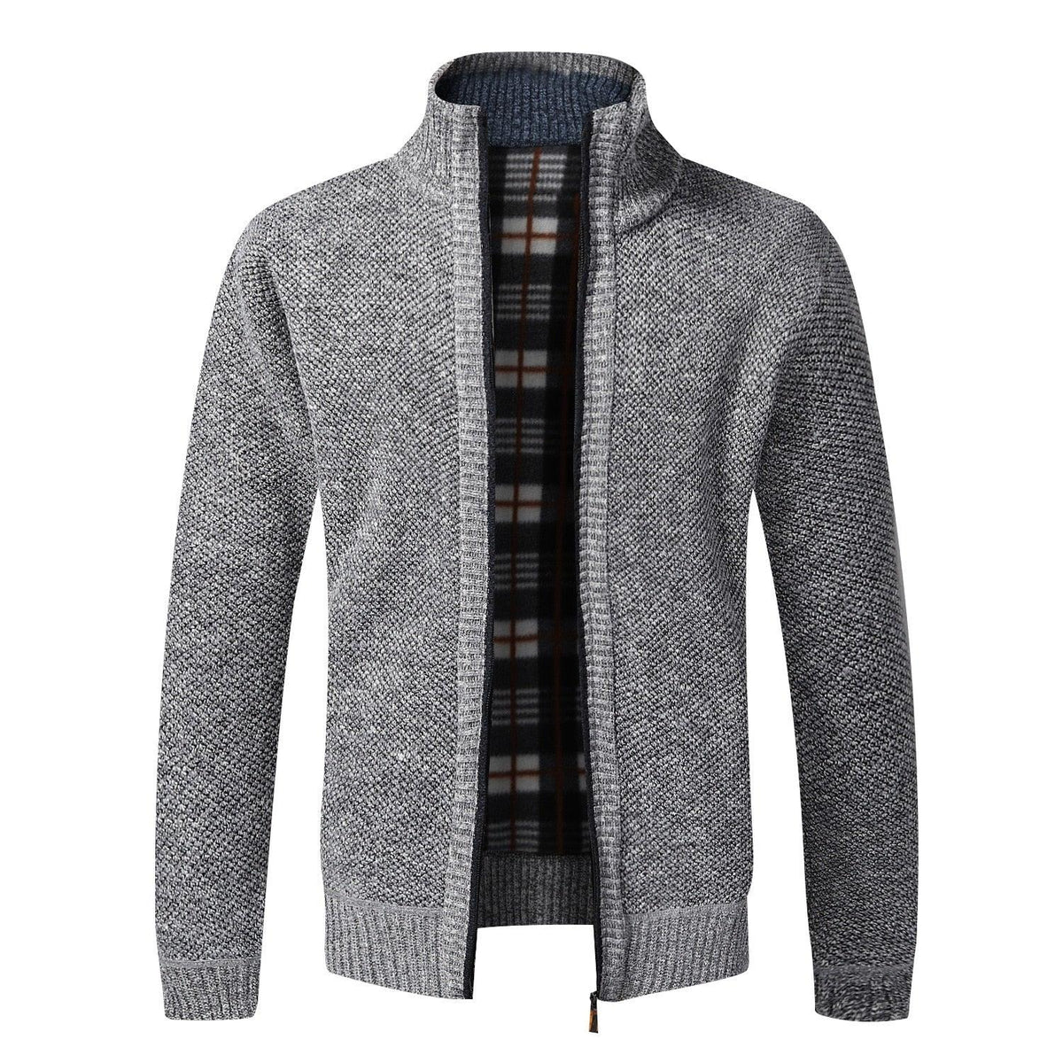 Stevvex men's sport jacket gray textured knit with plaid lining thick warm with pockets on Tampa Home & Garden Store