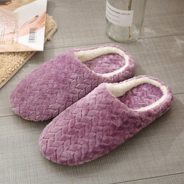 Stevvex plush purple slippers with white fleece lining, memory foam indoor non-slip slippers on Tampa Home & Garden Store