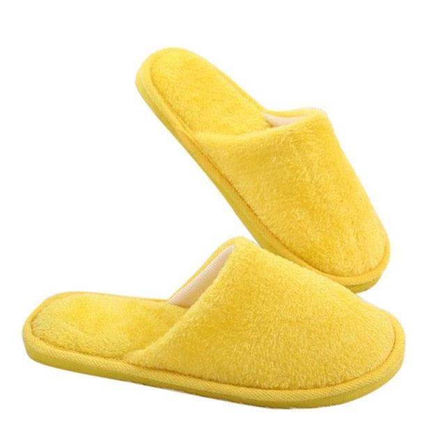Simple Solid Soft Plush Slippers pair in yellow with memory foam indoor house shoes by Stevvex on Tampa Home & Garden Store