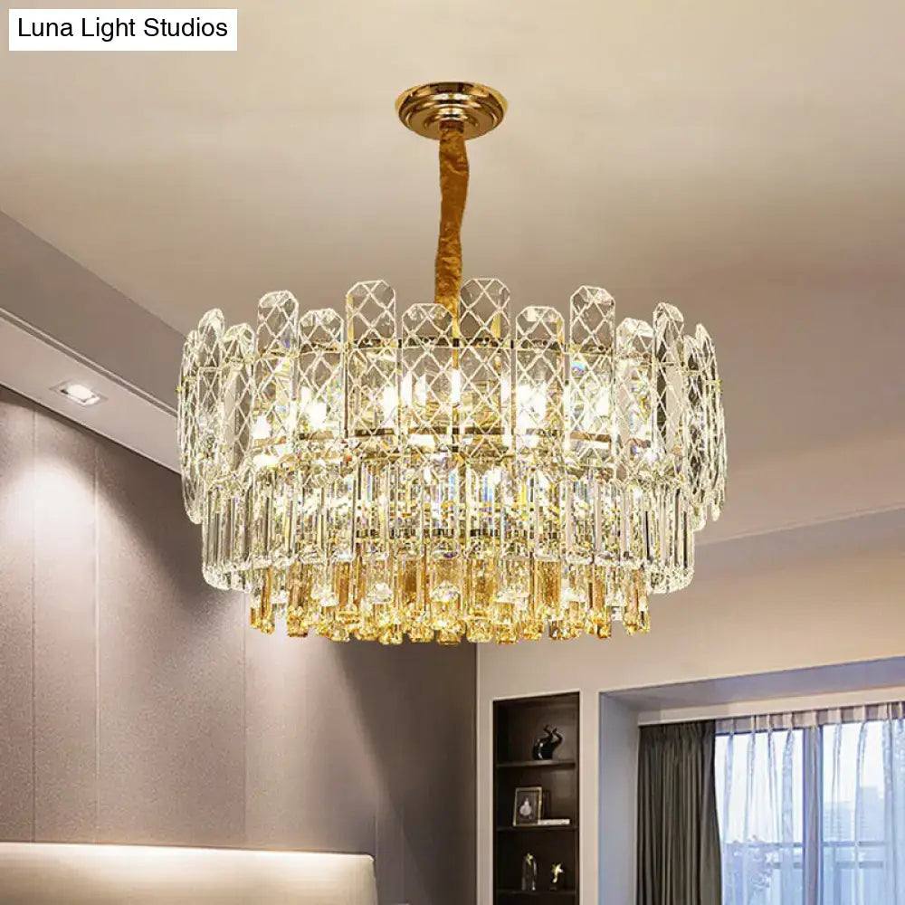 Gold Amber Crystal Chandelier with gold frame and hanging crystal prisms, ceiling mounted on Tampa Home & Garden Store
