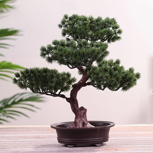 Stevvex ST50DE6941YUJ artificial bonsai pine tree in round brown pot on Tampa Home & Garden Store