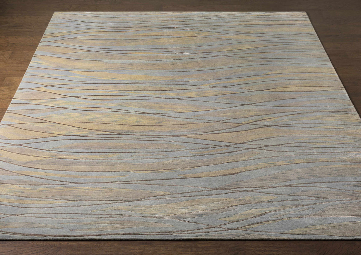 Sinai Light Blue Lined Wool/Viscose Rug with tan line pattern Boutique Rugs clearance on Tampa Home & Garden Store