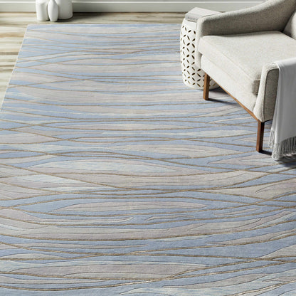 Sinai Light Blue Lined Wool/Viscose Rug with beige linear pattern clearance on Tampa Home & Garden Store