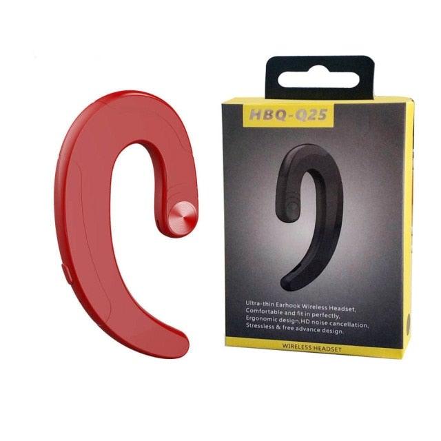 Red wireless earhook headset with curved over-ear hook, packaging shows HBQ-Q25 on Tampa Home & Garden Store