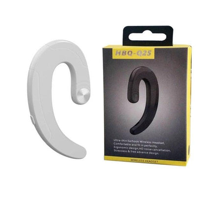 Stevvex wireless earhook headset, white ergonomic over-ear design with HBQ-Q25 packaging on Tampa Home & Garden Store