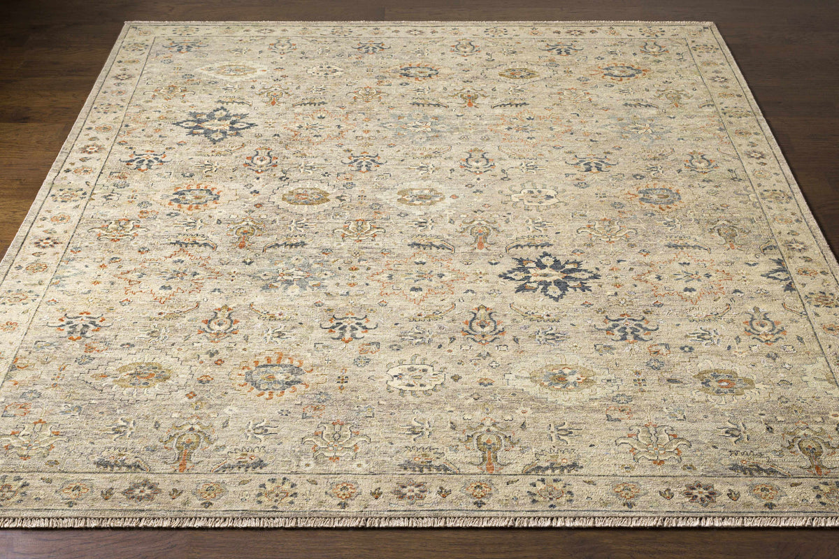 Sipocot Premium Area Rug - Clearance, beige ivory with blue motifs, fringed edges on Tampa Home & Garden Store