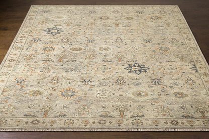 Sipocot Premium Area Rug - Clearance, beige ivory with blue motifs, fringed edges on Tampa Home & Garden Store