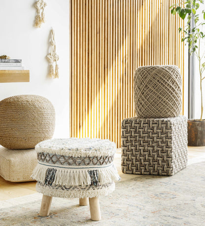 Sipocot Rug - Clearance; Boutique Rugs natural fiber rug with multiple woven poufs in a boho space on Tampa Home & Garden Store