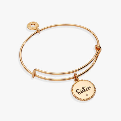 Alex and Ani rose gold sister charm bangle with circular pendant engraved Sister on Tampa Home & Garden Store
