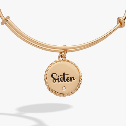 Sister charm bangle by Alex and Ani in rose gold tone with rope-edged pendant on Tampa Home & Garden Store