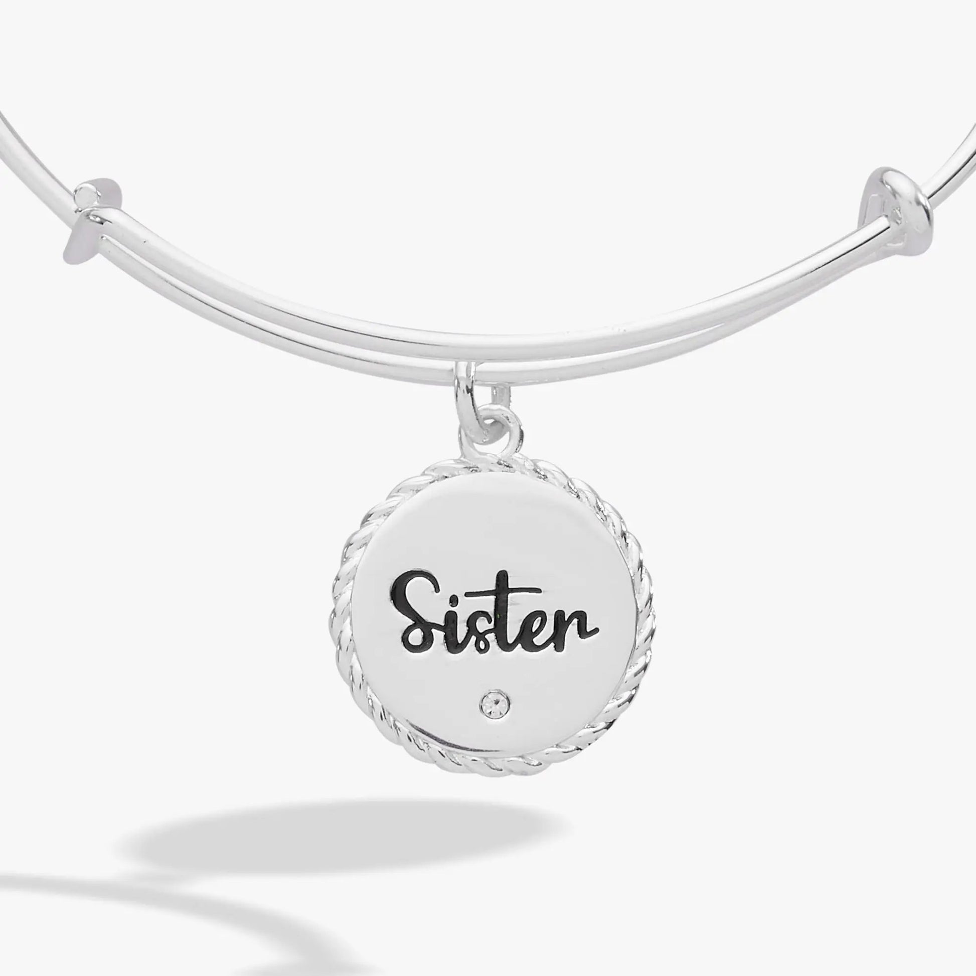 Alex and Ani sister charm bangle in silver tone with a rope-edged disk charm reading Sister on Tampa Home & Garden Store