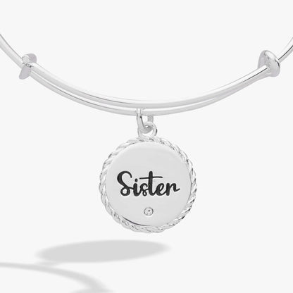 Alex and Ani sister charm bangle in silver tone with a rope-edged disk charm reading Sister on Tampa Home & Garden Store