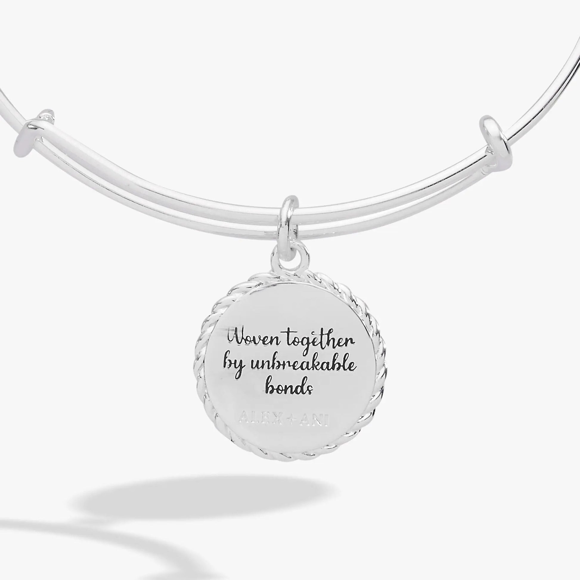 Alex and Ani silver sister charm bangle with woven-edge disc on Tampa Home & Garden Store