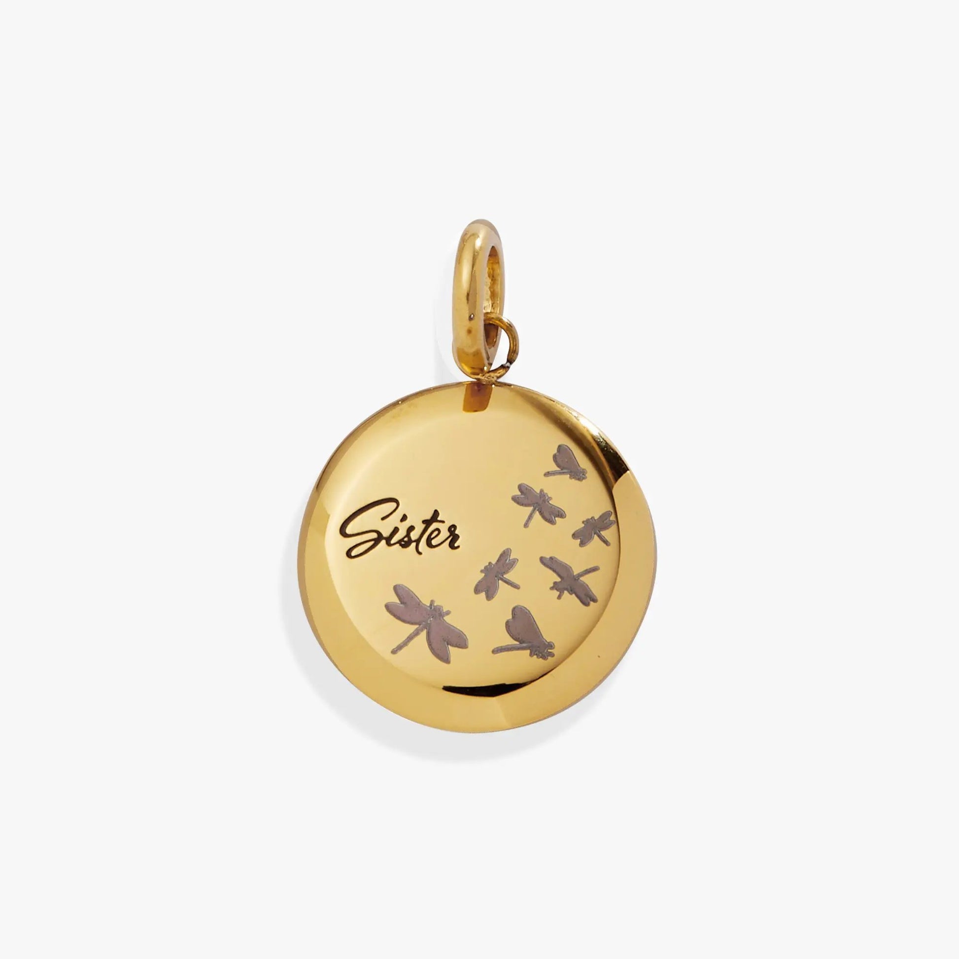 Sister Dragonfly Disc Charm pendant in gold-tone metal by Alex and Ani on Tampa Home & Garden Store
