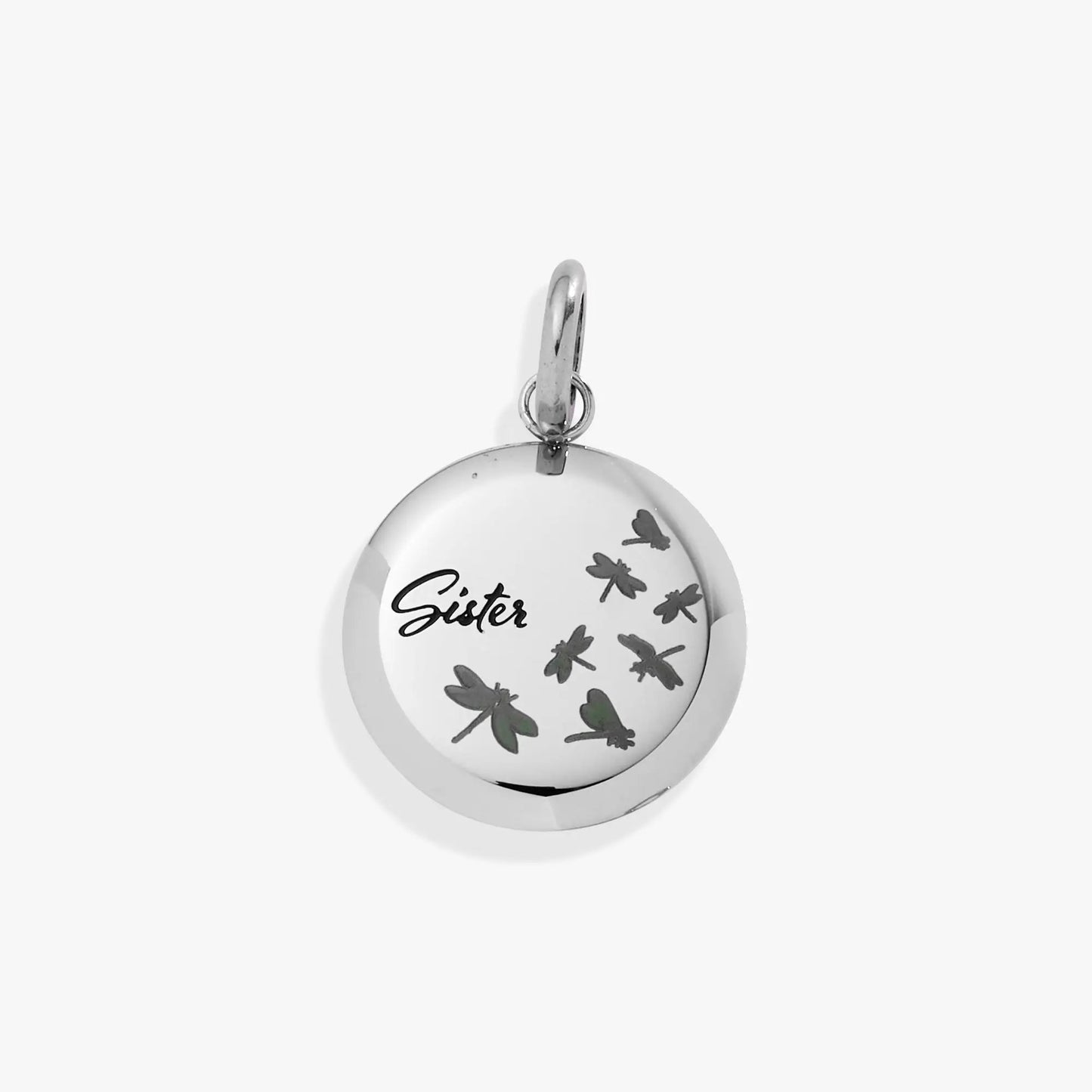 Sister Dragonfly Disc Charm by ALEX AND ANI; silver-toned round pendant with dragonflies and Sister on Tampa Home & Garden Store