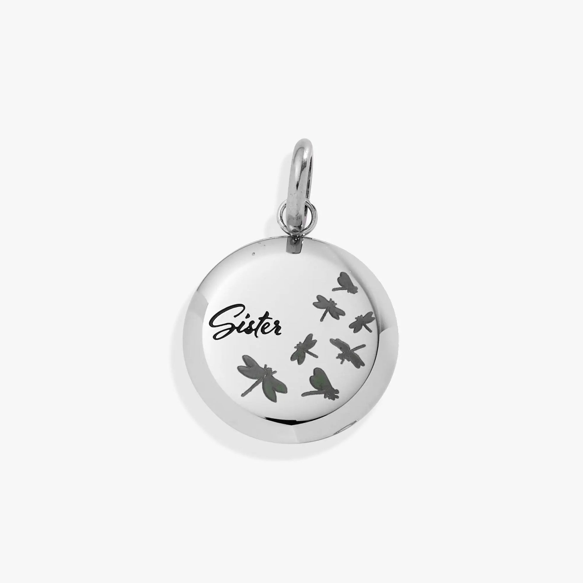 Sister Dragonfly Disc Charm by ALEX AND ANI; silver-toned round pendant with dragonflies and Sister on Tampa Home & Garden Store
