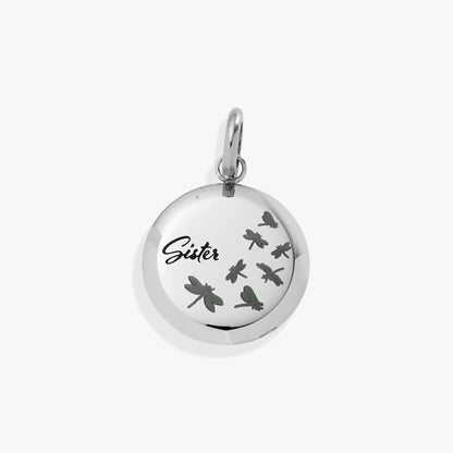 Sister Dragonfly Disc Charm by ALEX AND ANI; silver-toned round pendant with dragonflies and Sister on Tampa Home & Garden Store