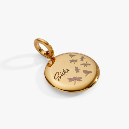 Gold Sister Dragonfly Disc Charm pendant with engraved dragonflies and Sister script on Tampa Home & Garden Store
