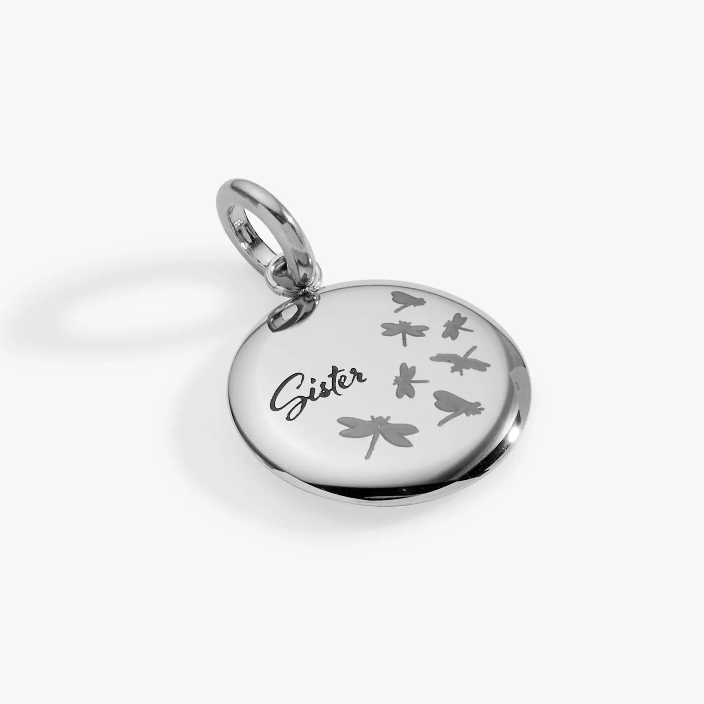 Sister Dragonfly Disc Charm by Alex and Ani, silver tone with dragonfly motif Sister script on Tampa Home & Garden Store